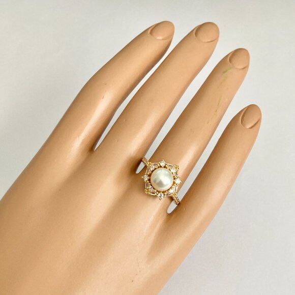 Art Deco Cubic Zirconia White Pearl Cocktail Ring Yellow Gold Plated Size 7 8 9 - Picture 10 of 15